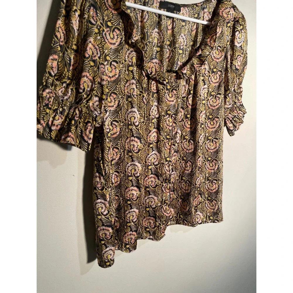 J.Crew Ruffle Featherweight Satin Scoopneck Top in Dandelion Swirl Size Small